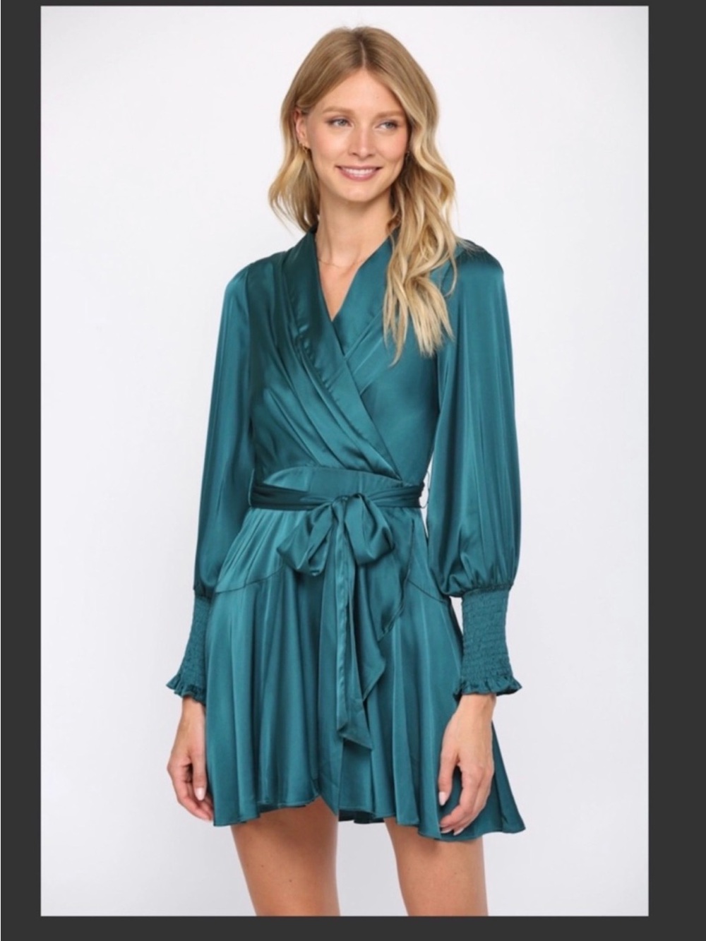 Fate Teal Satin Wrap Mini Dress with Smocked Cuffs